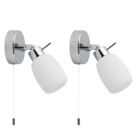 First Choice Lighting Set of 2 Brom Chrome Opal Glass IP44 Pull Cord Bathroom Wall Spotlights
