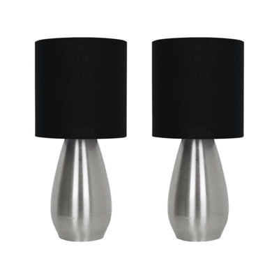 First Choice Lighting Set of 2 Bullet Satin Nickel Touch Table Lamps with Black Fabric Shades