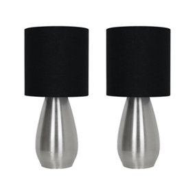 First Choice Lighting Set of 2 Bullet Satin Nickel Touch Table Lamps with Black Fabric Shades