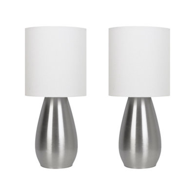 First Choice Lighting Set of 2 Bullet Satin Nickel Touch Table Lamps with White Fabric Shades