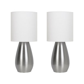 First Choice Lighting Set of 2 Bullet Satin Nickel Touch Table Lamps with White Fabric Shades