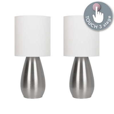 First Choice Lighting Set of 2 Bullet Satin Nickel Touch Table Lamps with White Fabric Shades
