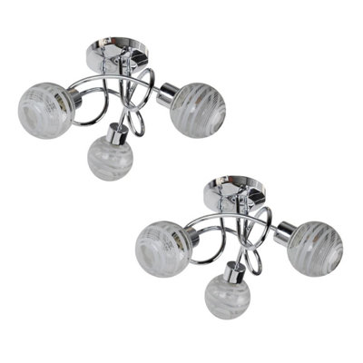 First Choice Lighting Set of 2 Cafe Chrome with Striped Glass 3 Light Flush Ceiling Lights