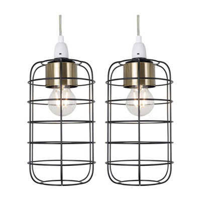 First Choice Lighting Set of 2 Cage Black and Antique Brass Industrial Style Easy Fit Pendant Shade