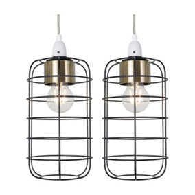 First Choice Lighting Set of 2 Cage Black and Antique Brass Industrial Style Easy Fit Pendant Shade