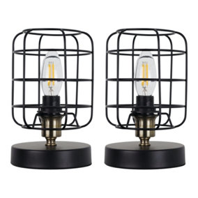 First Choice Lighting Set of 2 Cage Black and Antique Brass Industrial Style Table Lamps