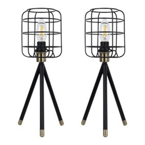 First Choice Lighting Set of 2 Cage Black and Antique Brass Industrial Style Tripod Table Lamps