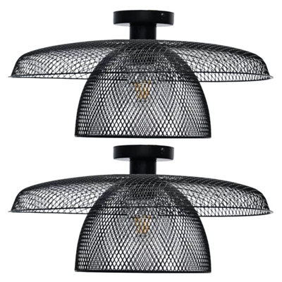 First Choice Lighting Set of 2 Cassidy Black Metal Wire Tiered Flush Ceiling Lights
