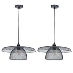 First Choice Lighting Set of 2 Cassidy Large Layered Black Mesh Ceiling Pendant Lights
