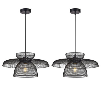 First Choice Lighting Set of 2 Cassidy Three Tier Black Mesh Ceiling Pendant Lights