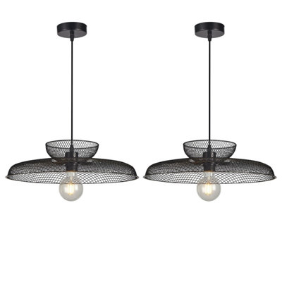 First Choice Lighting Set of 2 Cassidy Two Tier Black Mesh Ceiling Pendant Lights