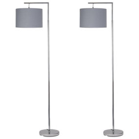 First Choice Lighting Set of 2 Chrome Angled Floor Lamps with Grey Cotton Shades