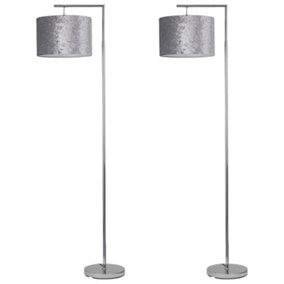 First Choice Lighting Set of 2 Chrome Angled Floor Lamps with Grey Crushed Velvet Shades