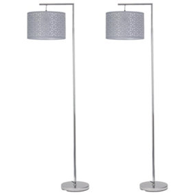 First Choice Lighting Set of 2 Chrome Angled Floor Lamps with Grey Laser Cut Shades
