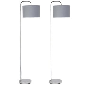 First Choice Lighting Set of 2 Chrome Arched Floor Lamps with Grey Cotton Shades