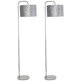 First Choice Lighting Set of 2 Chrome Arched Floor Lamps with Grey Crushed Velvet Shades