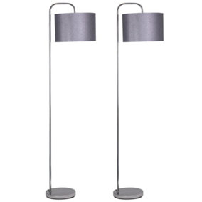 First Choice Lighting Set of 2 Chrome Arched Floor Lamps with Grey Glitter Shades