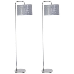 First Choice Lighting Set of 2 Chrome Arched Floor Lamps with Grey Laser Cut Shades