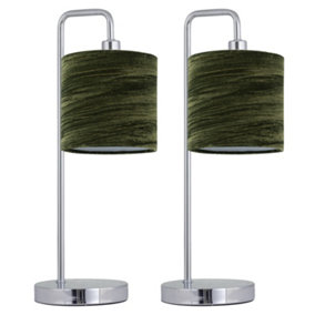 First Choice Lighting Set of 2 Chrome Arched Table Lamps with Green Crushed Velvet Shades