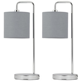 First Choice Lighting Set of 2 Chrome Arched Table Lamps with Grey Cotton Shades