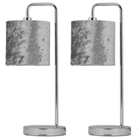 First Choice Lighting Set of 2 Chrome Arched Table Lamps with Grey Crushed Velvet Shades