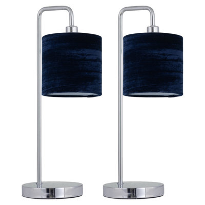 First Choice Lighting Set of 2 Chrome Arched Table Lamps with Navy Blue Crushed Velvet Shades