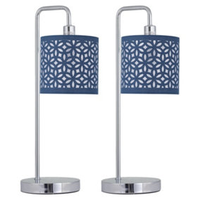 First Choice Lighting Set of 2 Chrome Arched Table Lamps with Navy Blue Laser Cut Shades