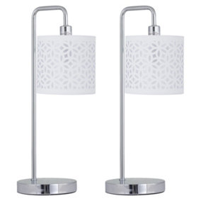 First Choice Lighting Set of 2 Chrome Arched Table Lamps with White Laser Cut Shades
