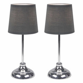 First Choice Lighting Set of 2 Chrome Grey Pleated Table Lamp With Shades