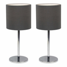 First Choice Lighting Set of 2 Chrome Grey Pleated Table Lamp With Shades