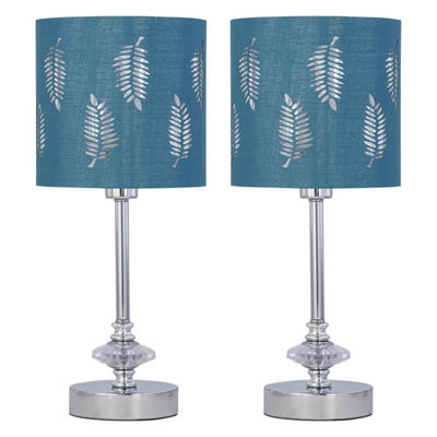 First Choice Lighting Set of 2 Chrome Jewelled Table Lamps with Teal Fern Shades