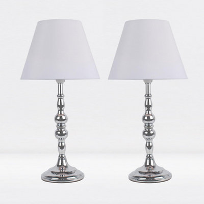 First Choice Lighting Set of 2 Chrome Plated Bedside Table Light with Candle Column White Fabric Shade