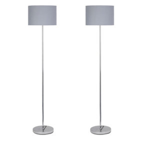 First Choice Lighting Set of 2 Chrome Stick Floor Lamps with Grey Cotton Shades