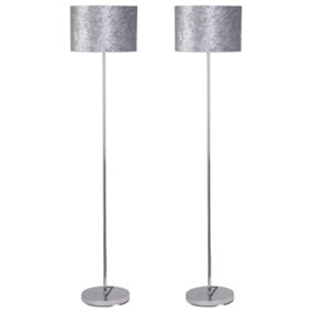 First Choice Lighting Set of 2 Chrome Stick Floor Lamps with Grey Crushed Velvet Shades