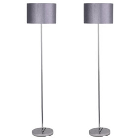 First Choice Lighting Set of 2 Chrome Stick Floor Lamps with Grey Glitter Shades