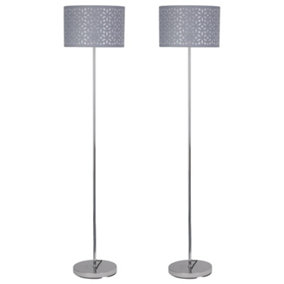 First Choice Lighting Set of 2 Chrome Stick Floor Lamps with Grey Laser Cut Shades