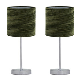 First Choice Lighting Set of 2 Chrome Stick Table Lamps with Green Crushed Velvet Shades