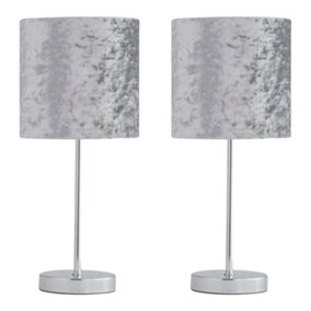 First Choice Lighting Set of 2 Chrome Stick Table Lamps with Grey Crushed Velvet Shades