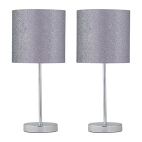 First Choice Lighting Set of 2 Chrome Stick Table Lamps with Grey Glitter Shades