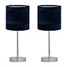 First Choice Lighting Set of 2 Chrome Stick Table Lamps with Navy Blue Crushed Velvet Shades