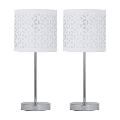 First Choice Lighting Set of 2 Chrome Stick Table Lamps with White Laser Cut Shades