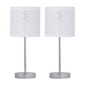 First Choice Lighting Set of 2 Chrome Stick Table Lamps with White Laser Cut Shades