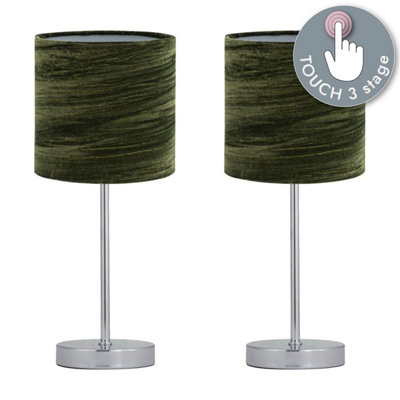First Choice Lighting Set of 2 Chrome Touch Operated Table Lamp with Green Crushed Velvet Shades