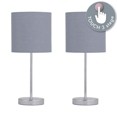 First Choice Lighting Set of 2 Chrome Touch Operated Table Lamp with Grey Cotton Shades