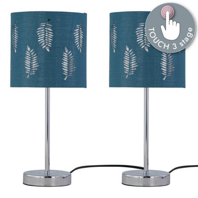 First Choice Lighting Set of 2 Chrome Touch Operated Table Lamps with Teal Fern Shades