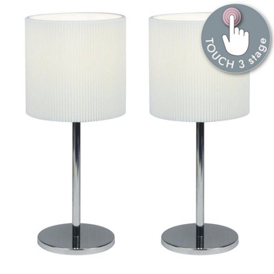 First Choice Lighting Set of 2 Chrome Touch Operated Table Lamps with White Pleat Shades