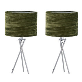 First Choice Lighting Set of 2 Chrome Tripod Table Lamps with Green Crushed Velvet Shades