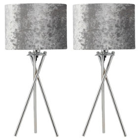 First Choice Lighting Set of 2 Chrome Tripod Table Lamps with Grey Crushed Velvet Shades