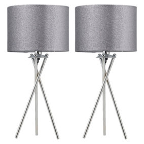 First Choice Lighting Set of 2 Chrome Tripod Table Lamps with Grey Glitter Shades