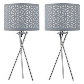 First Choice Lighting Set of 2 Chrome Tripod Table Lamps with Grey Laser Cut Shades